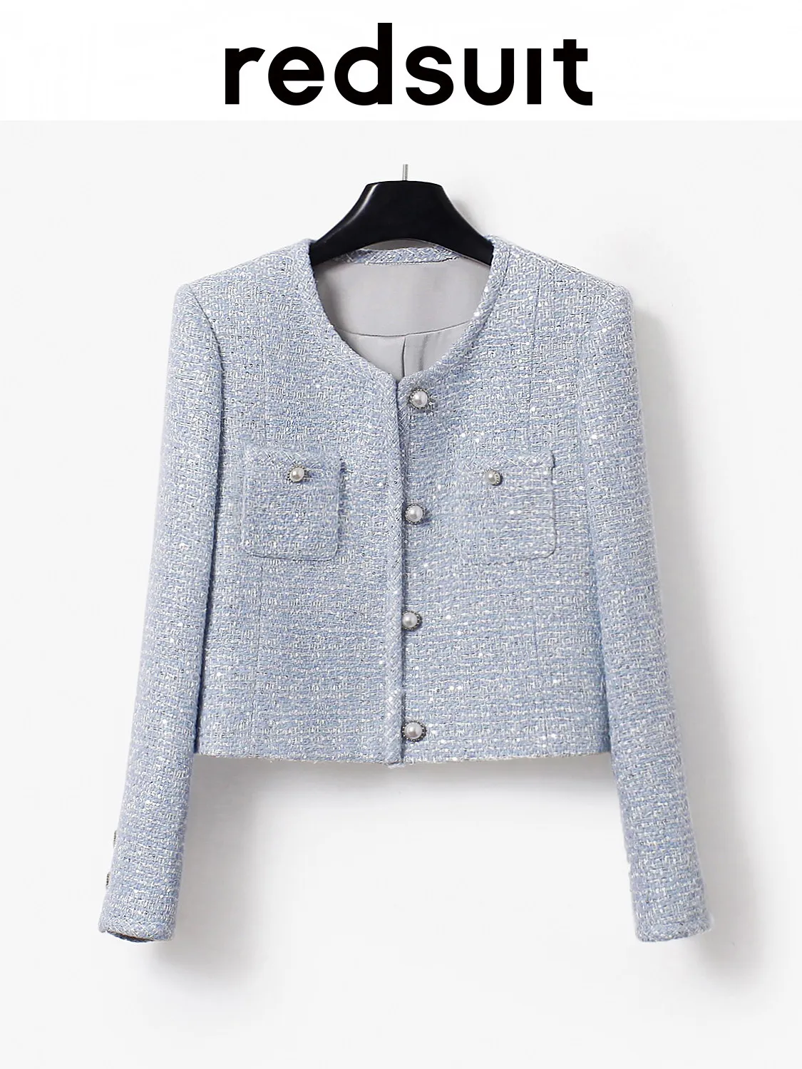 New Light Blue tweed coat versatile short top Custom size