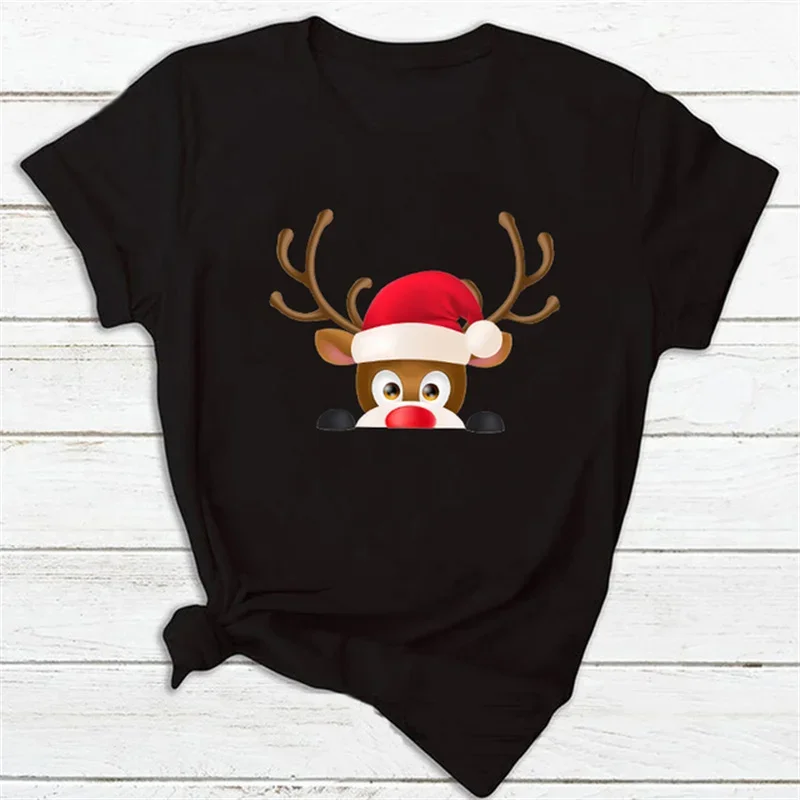 Women T-shirt Maycaur Fashion Women's Tops Tee Merry Christmas Holiday Tshirts Funny Cartoon Santa Reindeer Printed Black