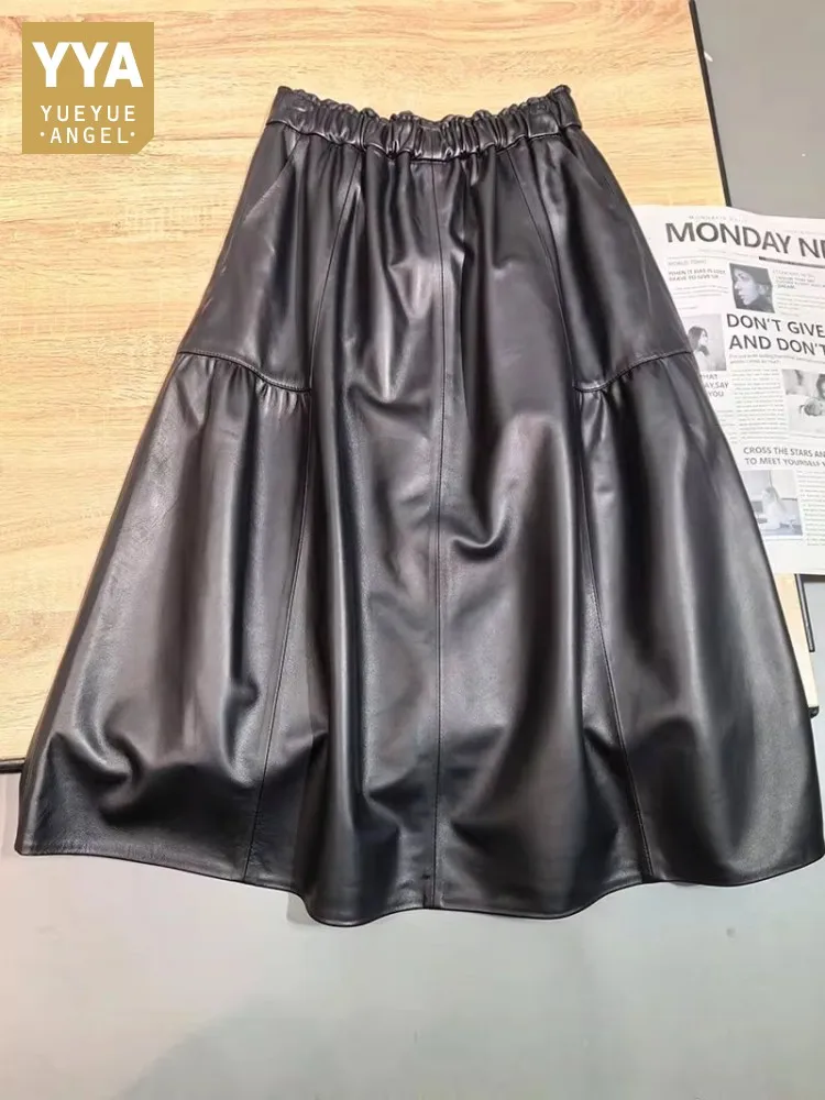 Elegant Women Autumn Elastic Waist Loose Fit Mid Long Skirt Ladies Vintage Sheepskin Genuine Leather Skirts Casual Streetwear