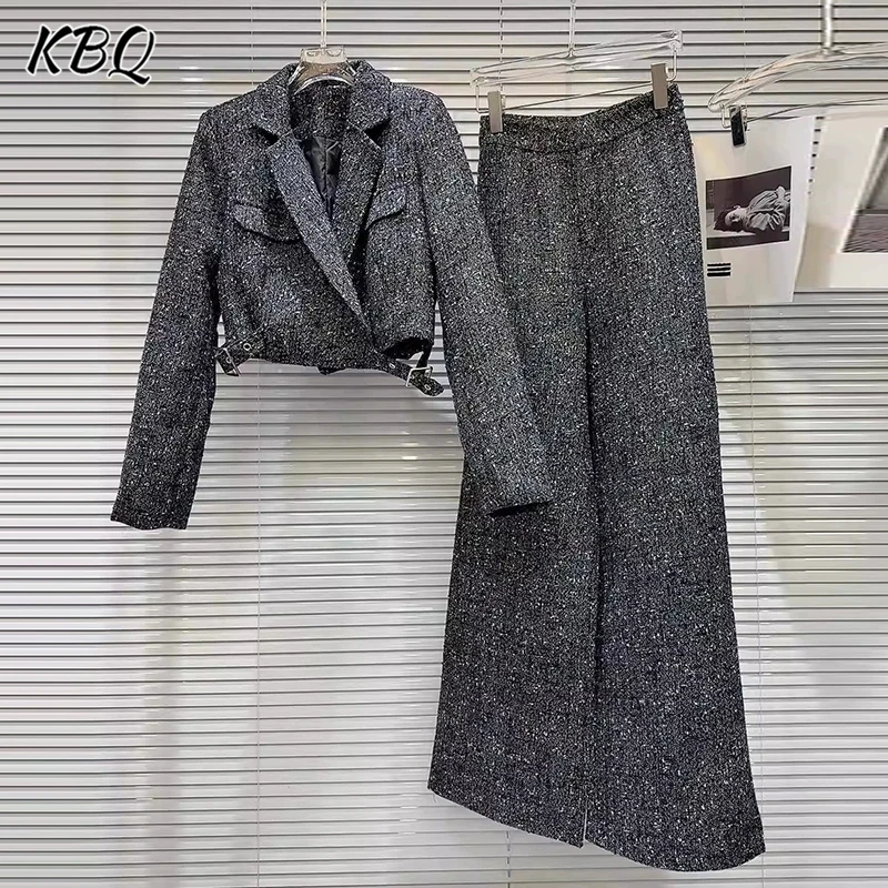 KBQ Solid Elegant Two Pieces Set For Women Lapel Long Sleeve Spliced Pockets Jacket High Waist Wide Leg Pant Fashion Set Autumn