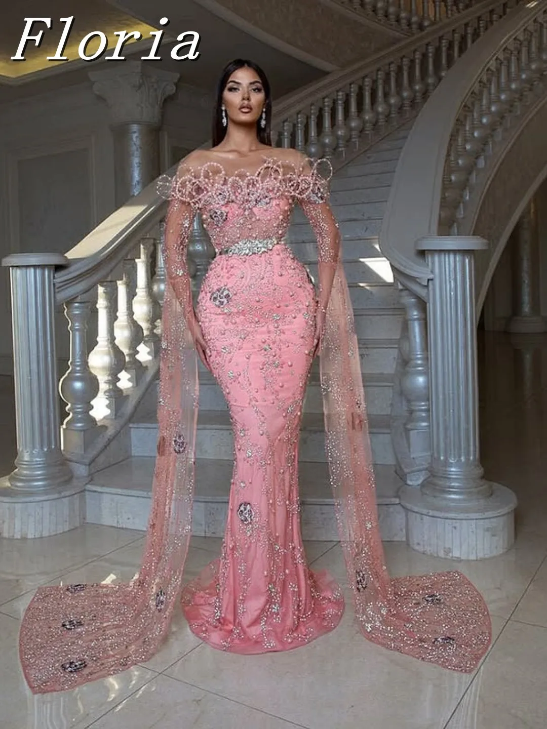 

Customized Pink Arabic Celebrity Dresses With Slit Cap Sleeves Beaded Gala Dress Lace Party Dresses فساتين سهر