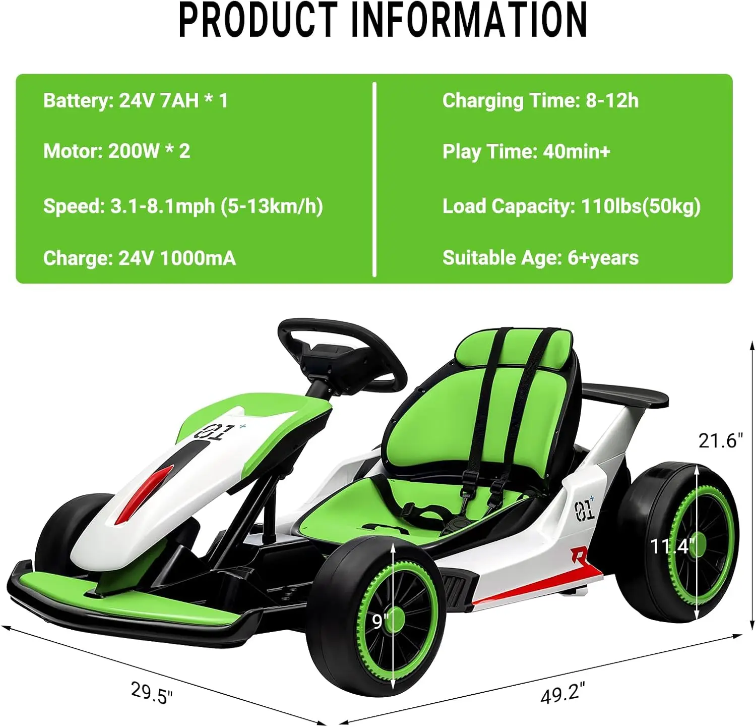 Go Kart, coche eléctrico Drift Kart con asiento ajustable, juguete para paseo al aire libre de 24 V y 7 Ah, motor de 2 * 200 W, 8,1 MPH, luces LED, Toy Rac