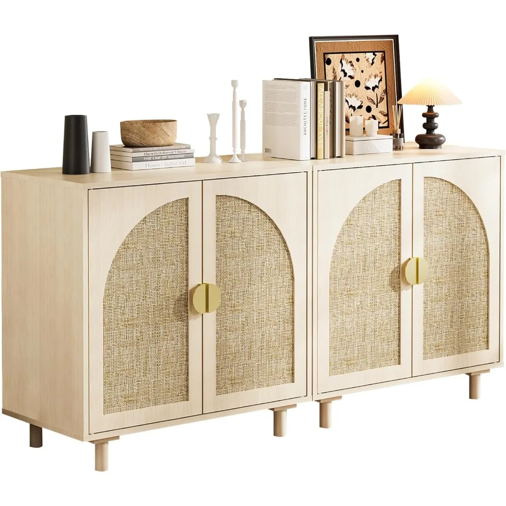 Armoire de rangement en rotin, buffet Boho beige avec étagère réglable, loquet de porte magnétique. (2 pièces, Beige.)