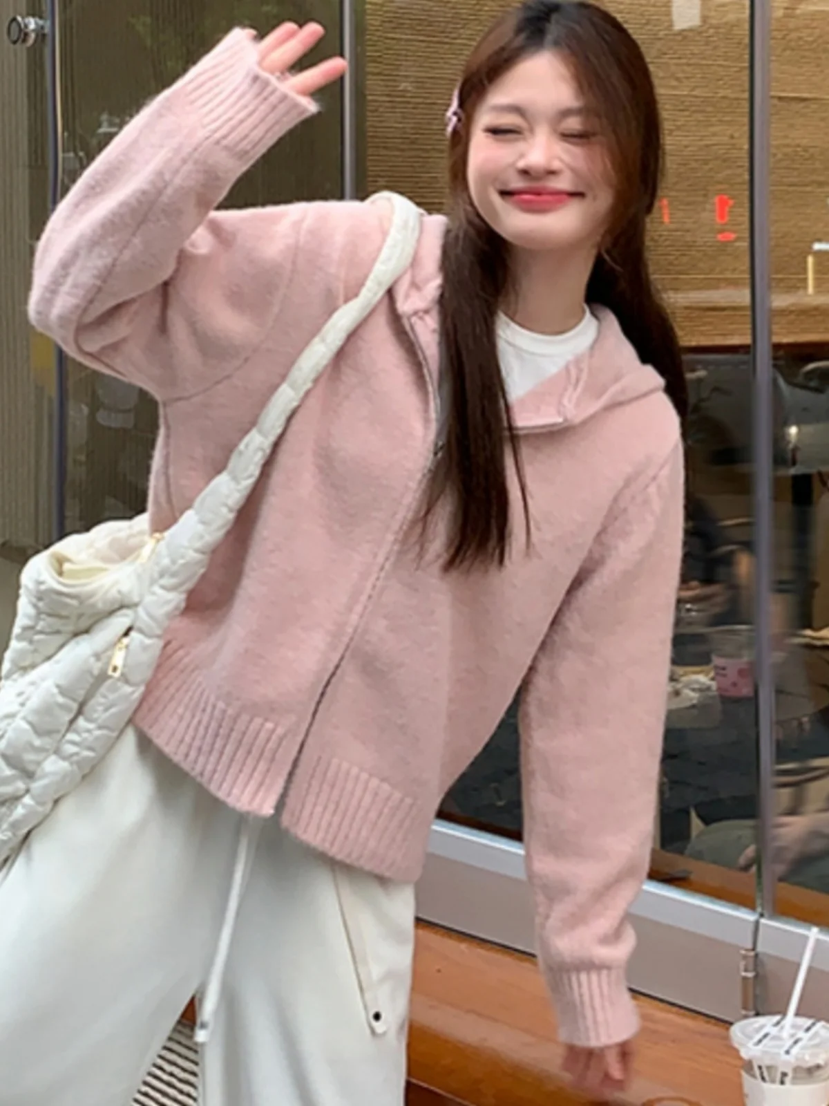 

Pink Hooded Knitted Sweater Women's Spring Autumn Zipper Top Coat Korean Sle Versatile Lazy Knit Open Cardigan