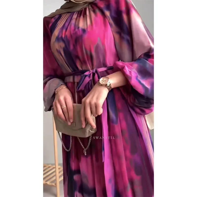 Modest Dubai Abaya Islam Ramadan Robe Femme Kaftan Formal Evening Maxi Dresses Muslim Fashion Women Chiffon Print Long Dress