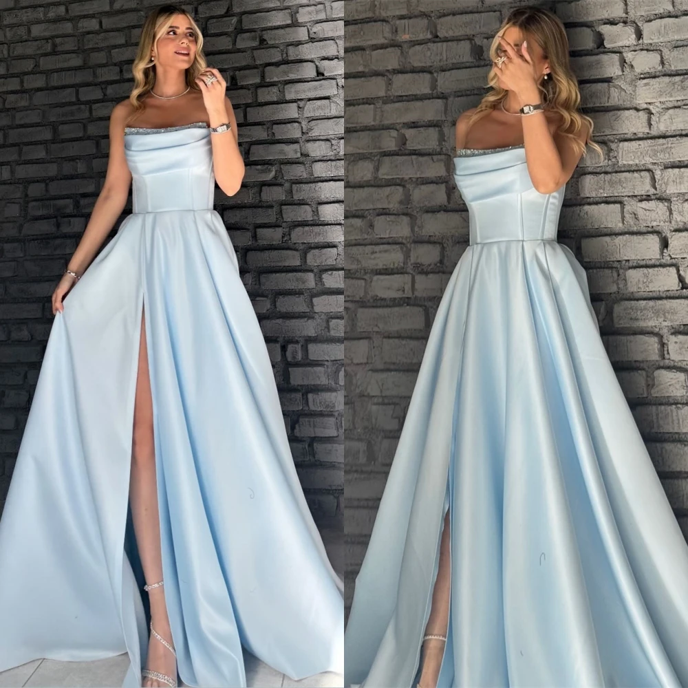 

Customized Formal Blue Satin Evening Dress Classic Strapless Sleeveless Party Dresses Delicate A-Line Crystal Celebrity Gowns