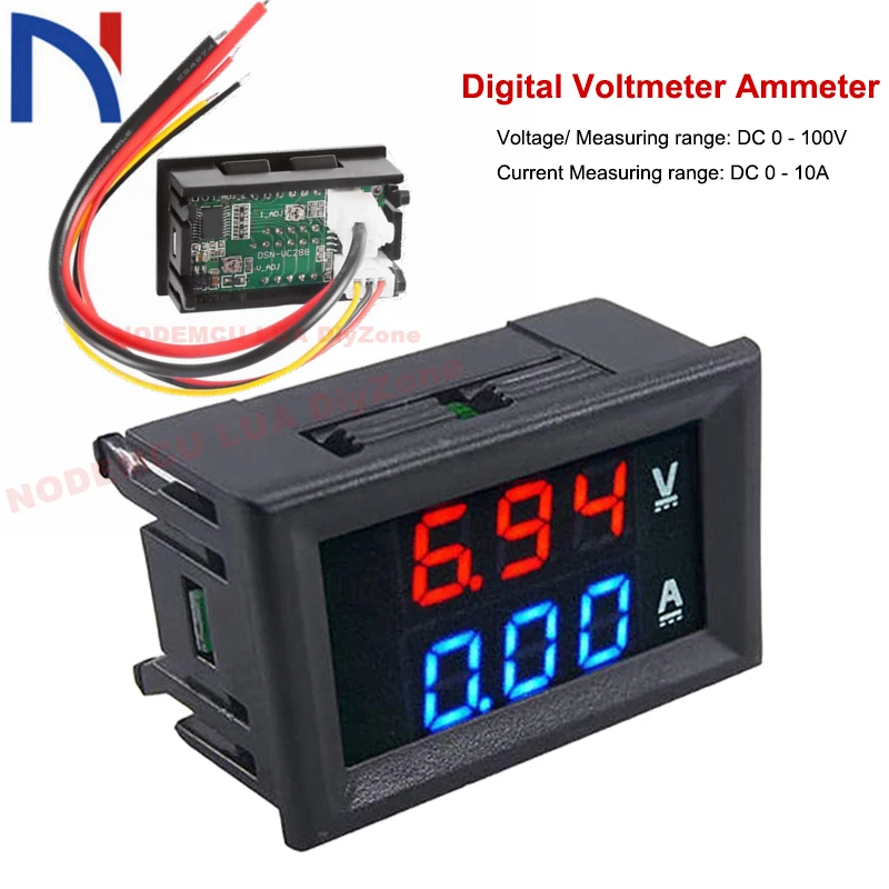 DC 100V 10A Voltmeter Ammeter Blue Red LED Amp Dual Digital Volt Meter Gauge Dual LED Display Voltage Current Meter Tester