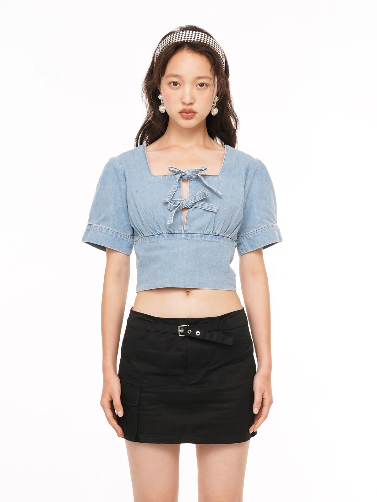 

Rien Rien Aimee Top ort Cotton Bubble Sve irt Square Collar Bow Design Denim Cotton Women's Faion Summer irt
