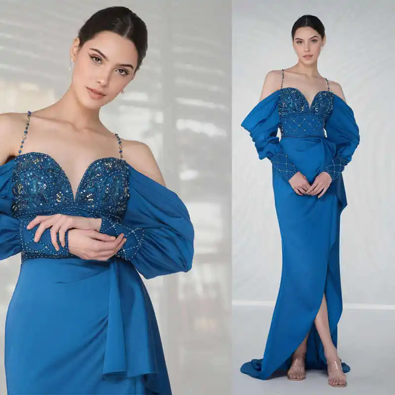 

Elegant Spaghetti Strap Evening Dresses Floor Length Sequins Prom Gowns Crystal Beadeds Slit Customized Formal Occasion