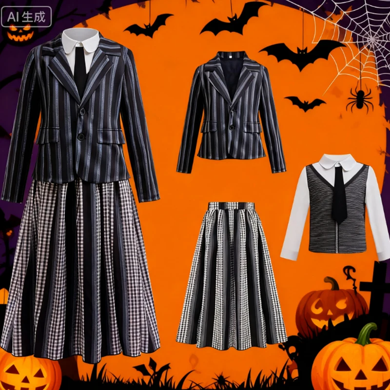

Halloween Elementary Student Girl Clothes Movie Black Family Gothic Outfits Black And Grey Striped Dress Carnival Costume