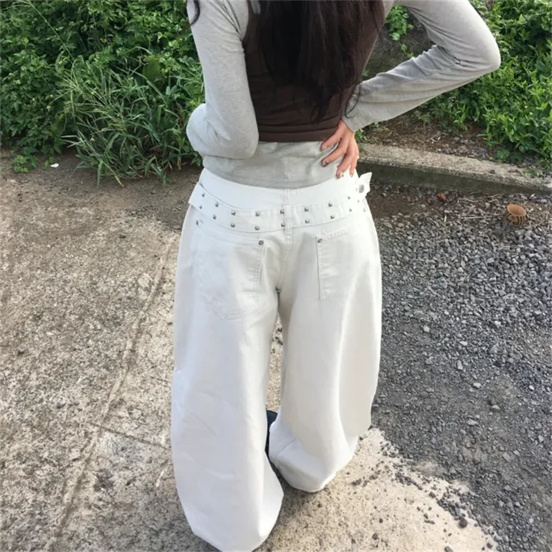 Retro Stud Rivet Wide Leg Loose Jeans High Waist Casual Style Decorative Stitching Cotton 100% Spring Summer Autumn Winter