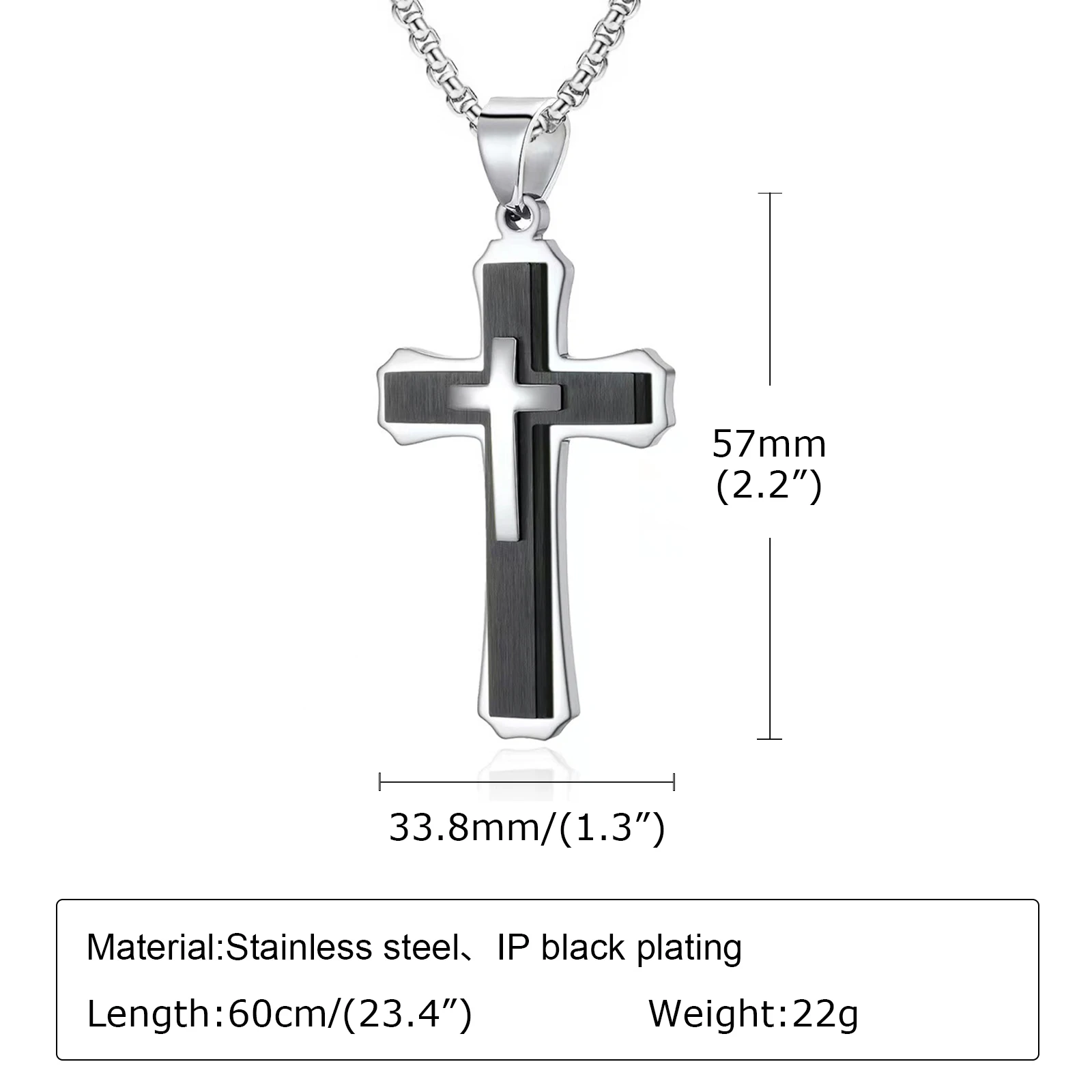 Vnox Chunky Heavy Mens Cross Necklaces, 3 Layers Cross Pendant with Box Chain, Christian Religious Faith Prayer Jewelry Gift