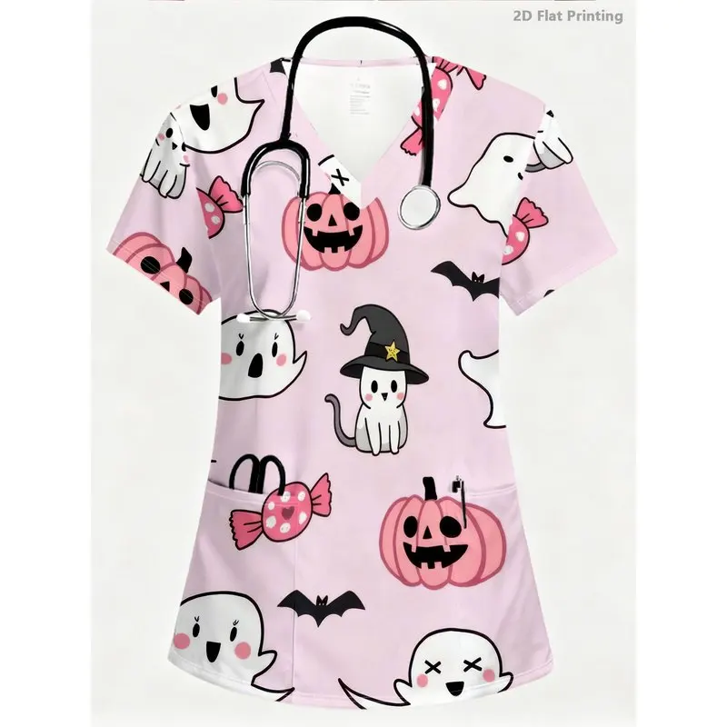 Cute Pastel Pink Halloween Scrub Top for Women, Ghost Witch Cat Pumpkin Candy Bat Print V‑Neck Medical Work Uniform With Pockets