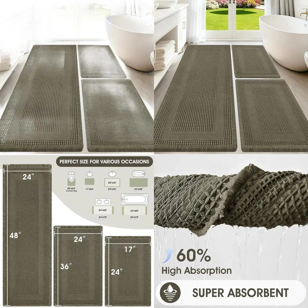 

Комплект из 3-х серо-зеленых ковриков для ванной комнаты – петлевые, впитывающие, нескользящие, быстросохнущие, с кисточками, моющиеся, в стиле бохо