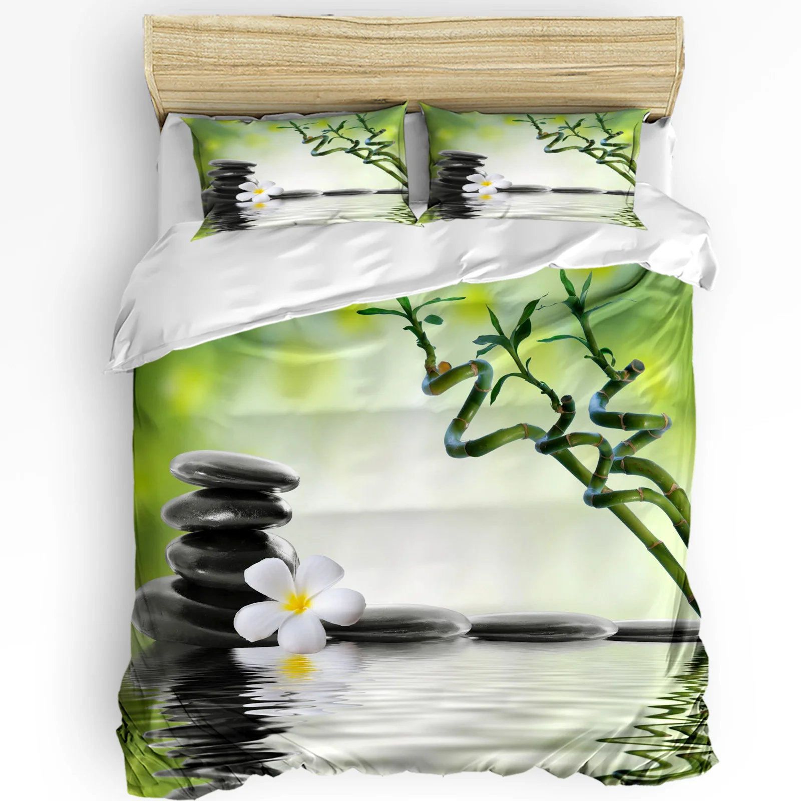 Orchid Stones Bamboo Zen Green 3pcs Bedding Set For Bedroom Double Bed Home Textile Duvet Cover Quilt Cover Pillowcase