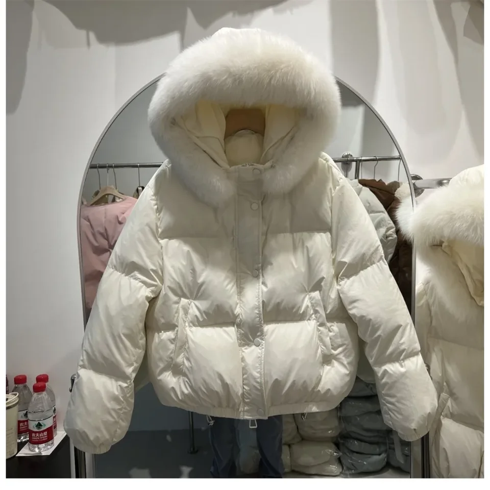 Real Big Fur Collar Hooded Fur Coats Puffer Jacket Fashion White