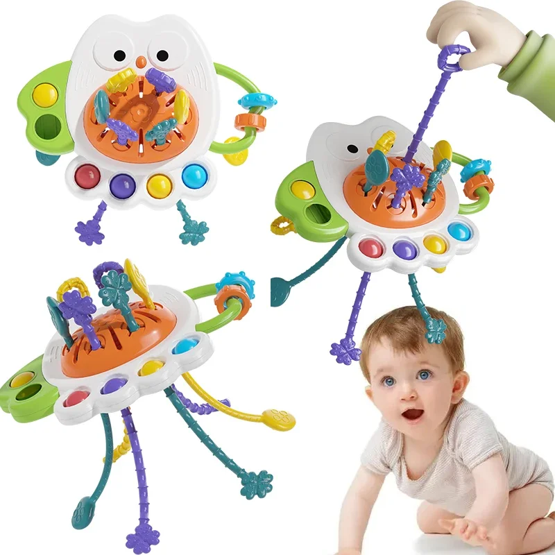 Aktivitätsentwicklungsspielzeug Eule mit Zugseil Silikon-Beißring Rassel Pädagogisches Lernspielzeug Baby Sensorik Montessori Geschenke für Jungen und Mädchen