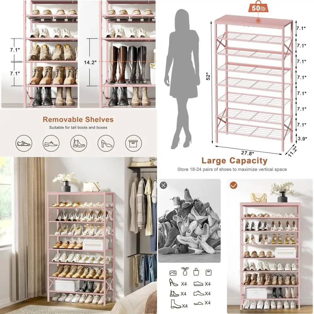 

8-Tier Metal Shoe Rack with Wooden Top Shelf for 24-32 Pairs Storage in Pink