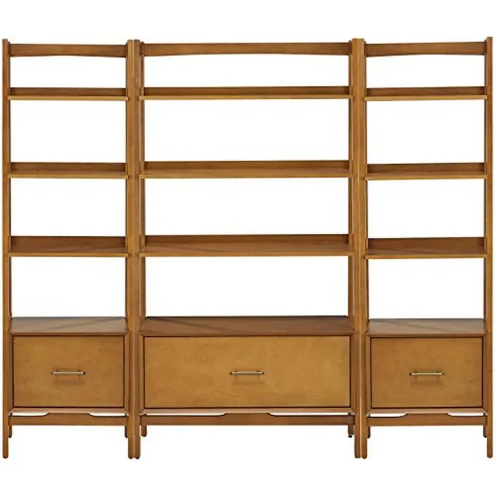 Mid-Century Modern 3-Piece Bookshelf Etagere Set with File Drawers Genuine Metal Hardware Sturdy Structure Expandable Storage image 4