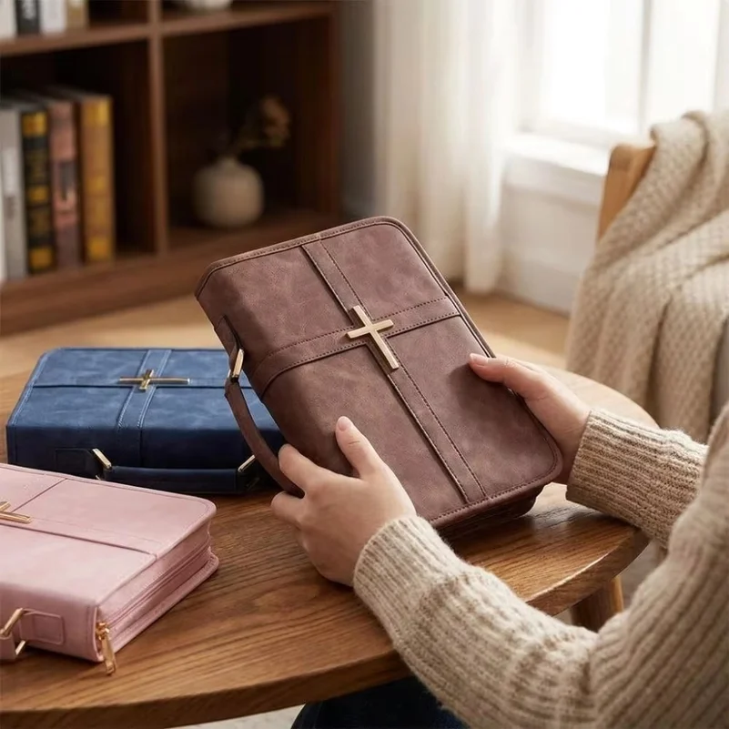 Cross-themed Vegan Leather Bible Cover Dust-proof with Phone Pocket PU Leather Bible Bag Scratch Resistant Zipper Closure
