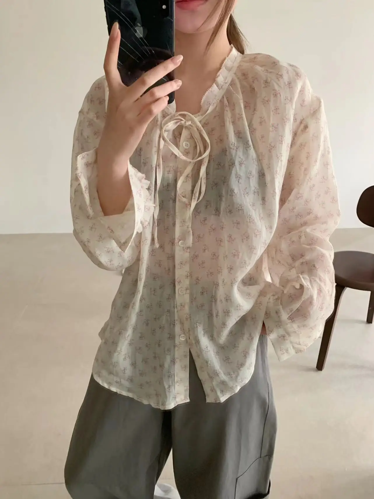 

Рубашка Lilian BLESSED MOMENT с нежным цветочным принтом, весна-лето, в корейском стиле, свободного кроя, с длинным рукавом, V-образным вырезом