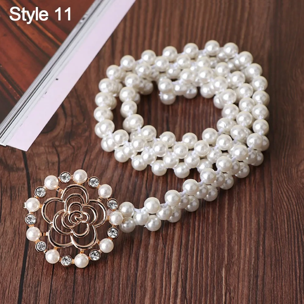 Fashion Ladies' Elastic Waistband with Pearl Thin Simple Pearl Waist Belt Elegant Drawstring Belt For Women