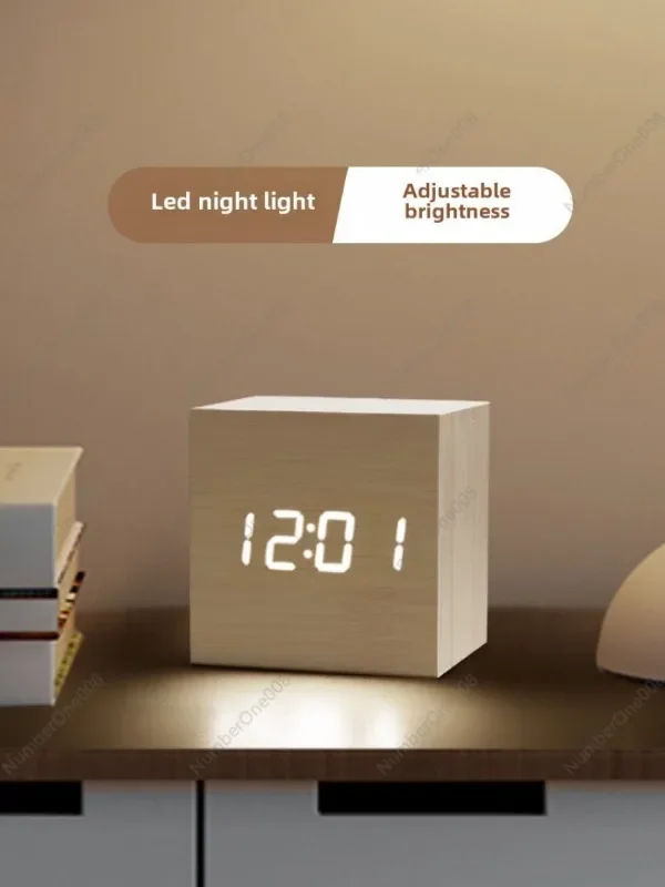 

Alarm Clock Creative Wooden LED Electronic Clock Silent Desktop Ornament Digital Student Bedside Luminous Clock Is Always On