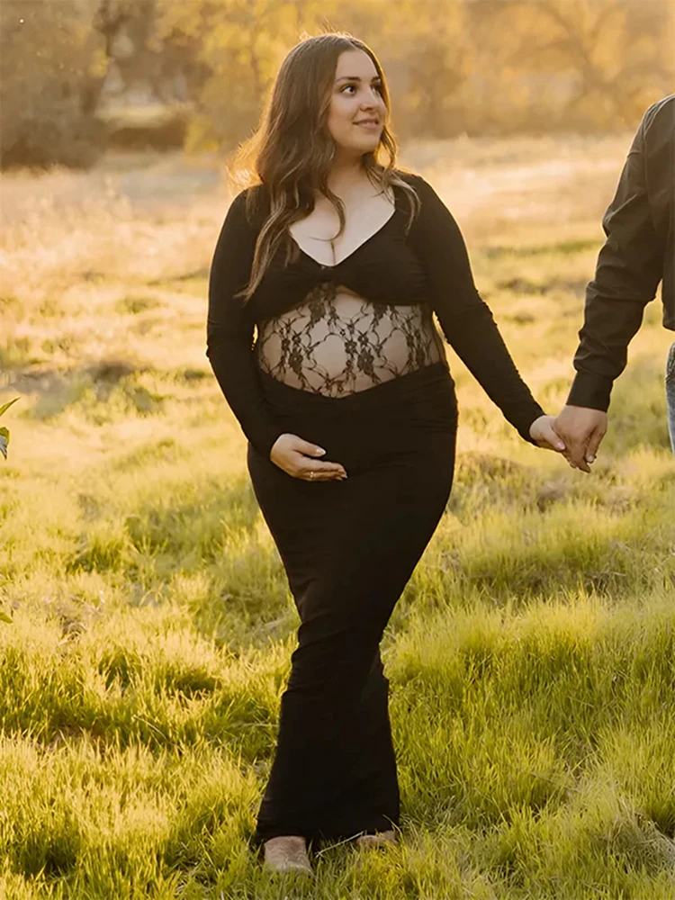 Two Piece Outfit Lace Waist Crop Top Maxi Skirt Long Sleeve Black Pregnancy Photoshoot Dress Elegant Maternity Photography Set