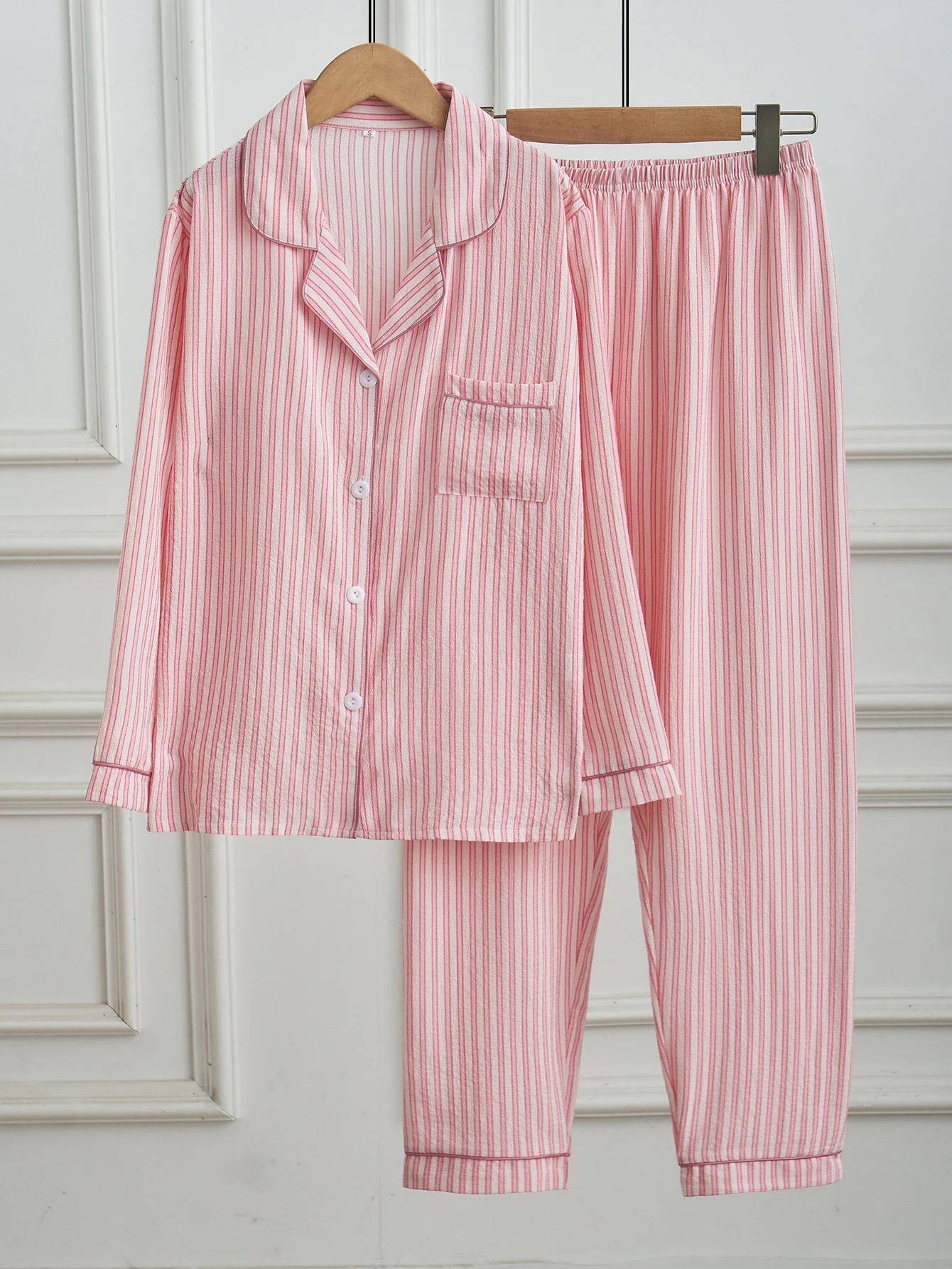 Women Pink Vertical Striped Pajamas Set Long Sleeve Button Down Shirt & Long Pants 2 Pieces Casual Soft Loungewear Sleepwear