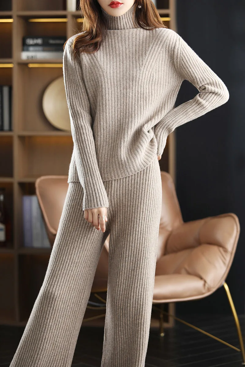 

Autumn Winter 100% Merino Wool Woolen Trousers Suit High Neck Pullover Sweater Cashmere Basic Long Sleeve Soft Fashion Clothes