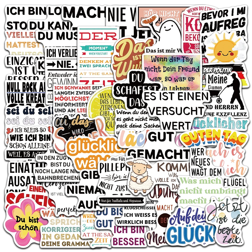 

50pcs Funny German Inspirational Quotes Sticker Decals For Luggage Guitar Laptop Phone Notebook Water Bottle Waterproof Graffiti
