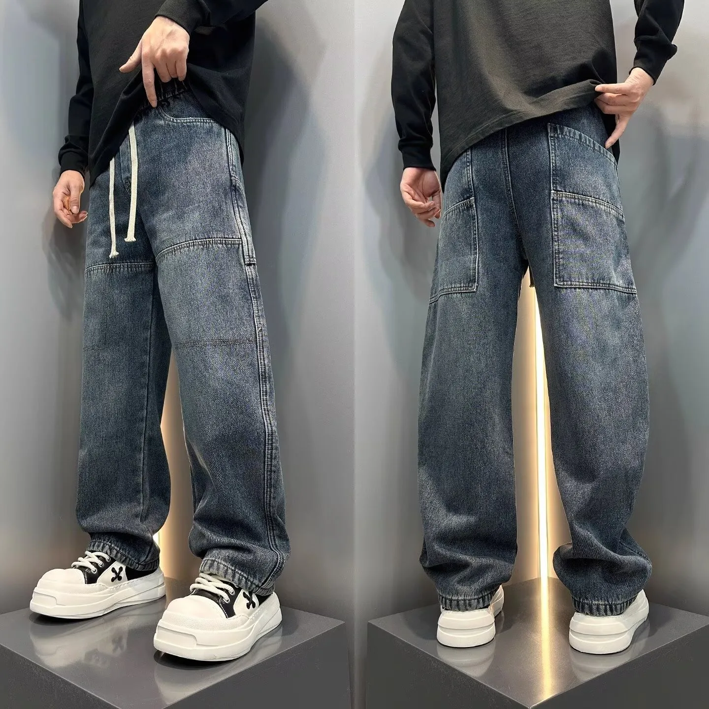 

Men's Loose Fit Fleece Lined Blue Washed Patchwork Denim Jeans Warm Wide Leg Long Trousers Autumn Winter plus Size Casual Pants