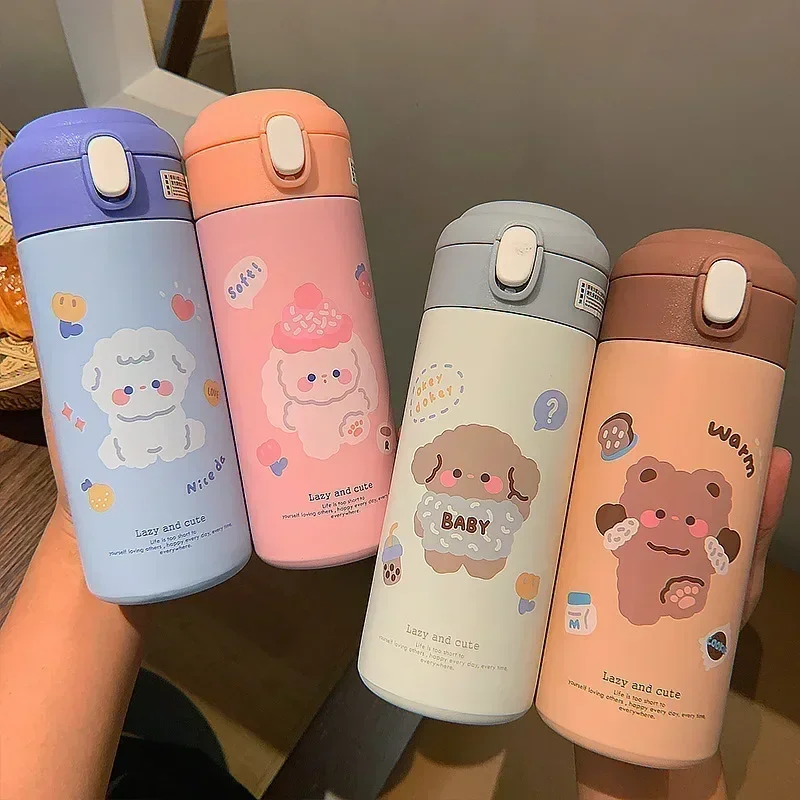 Stainless Steel Thermos Vacuum Flask Cute Cartoon Thermal Water Bottle for Girls 380ML Insulated Straw Cups Tumbler Drinkware