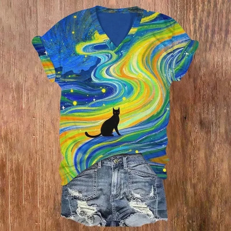 Women's Casual T-shirt Summer Tops Spectacular Twisted Rainbow Cat Art Printed V-neck T Shirts