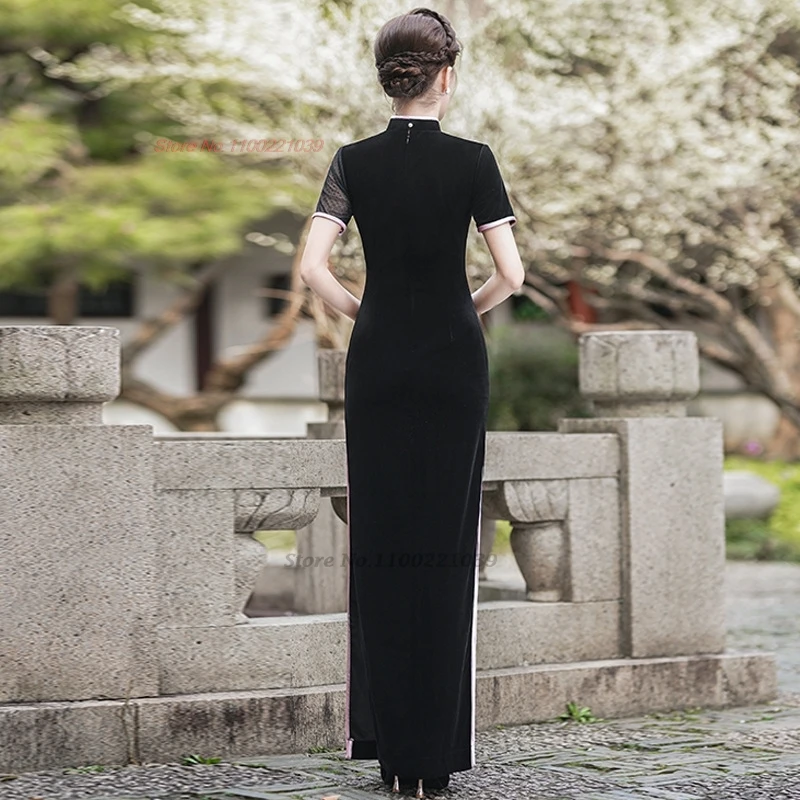 2025年 中国風 ヴィンテージドレス ベルベット袍 伝統的な花柄刺繍 チャイナドレス 改良型袍 レトロ 宴会 イブニングドレス 袍