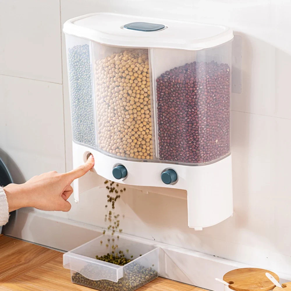 Dry Food Dispenser Cereal Wall Mounted Separate Rice Bucket Moisture Proof Automatic Racks Sealed Metering Kitchen Storage 6L