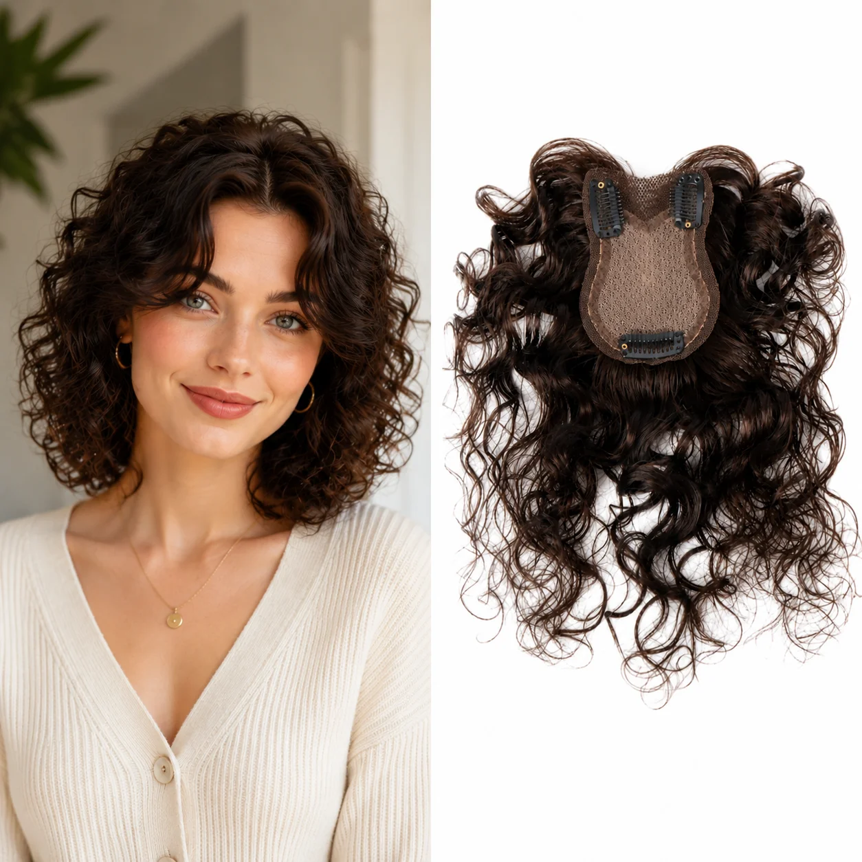 薄いレースの巻き毛ヘアピース（クリップ付き）女性用薄毛隠しヘアピース、簡単に装着可能、縫い付け不要