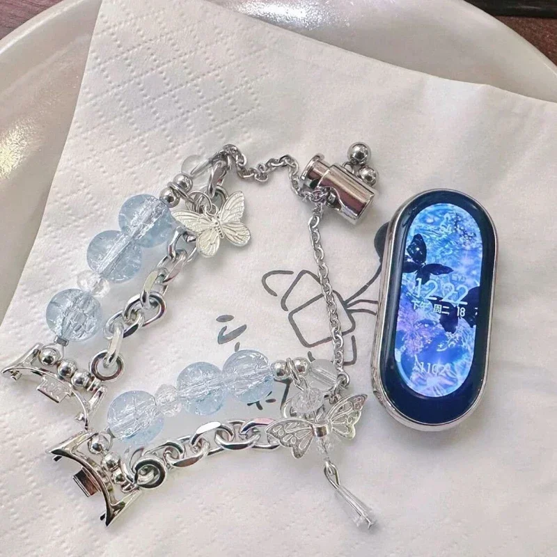 Sweet Fairy Butterfly Watch Band for Galaxy Watch 7 6 5 4 FE Blue Crystal Crack Beads Bracelet Wrist Strap for Garmin 18 20 22mm