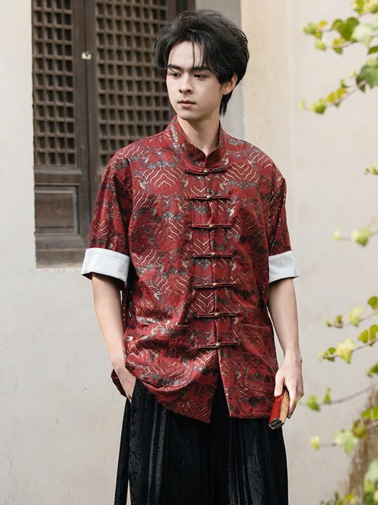 

New Chinese Sle Men's Linen ort Sve irt Cotton Linen Print Button Stand Collar Five Sve Tang Costume Thin Top Summer