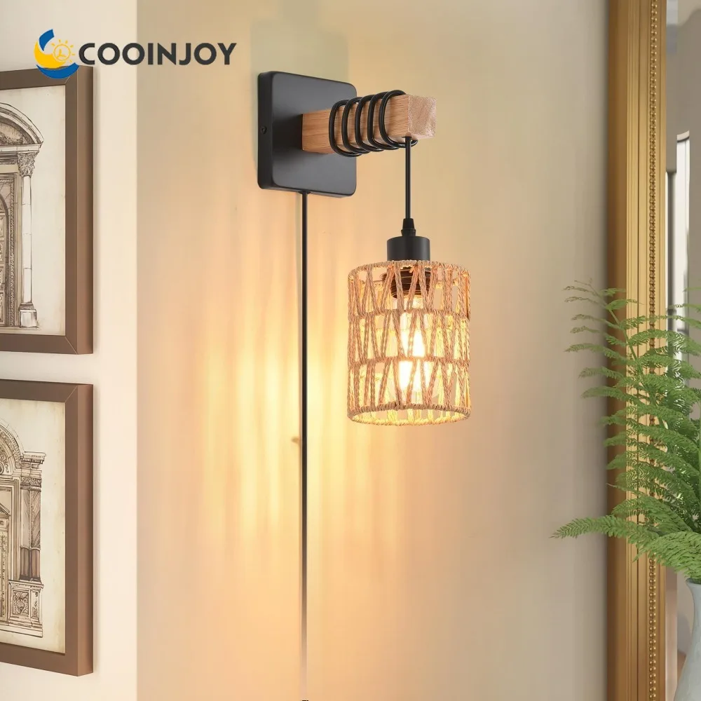

COOINJOY настенный бра из ротанга с регулируемой яркостью, настенный светильник в стиле бохо, плетеный настенный светильник для спальни, настенный светильник, натуральный тканый настенный светильник