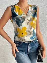 2024 Summer Floral Elegant Women V-Neck Tank Tops Blouse Sleeveless Shirt Women's Top Elegant Clothes Loose Women's Vest