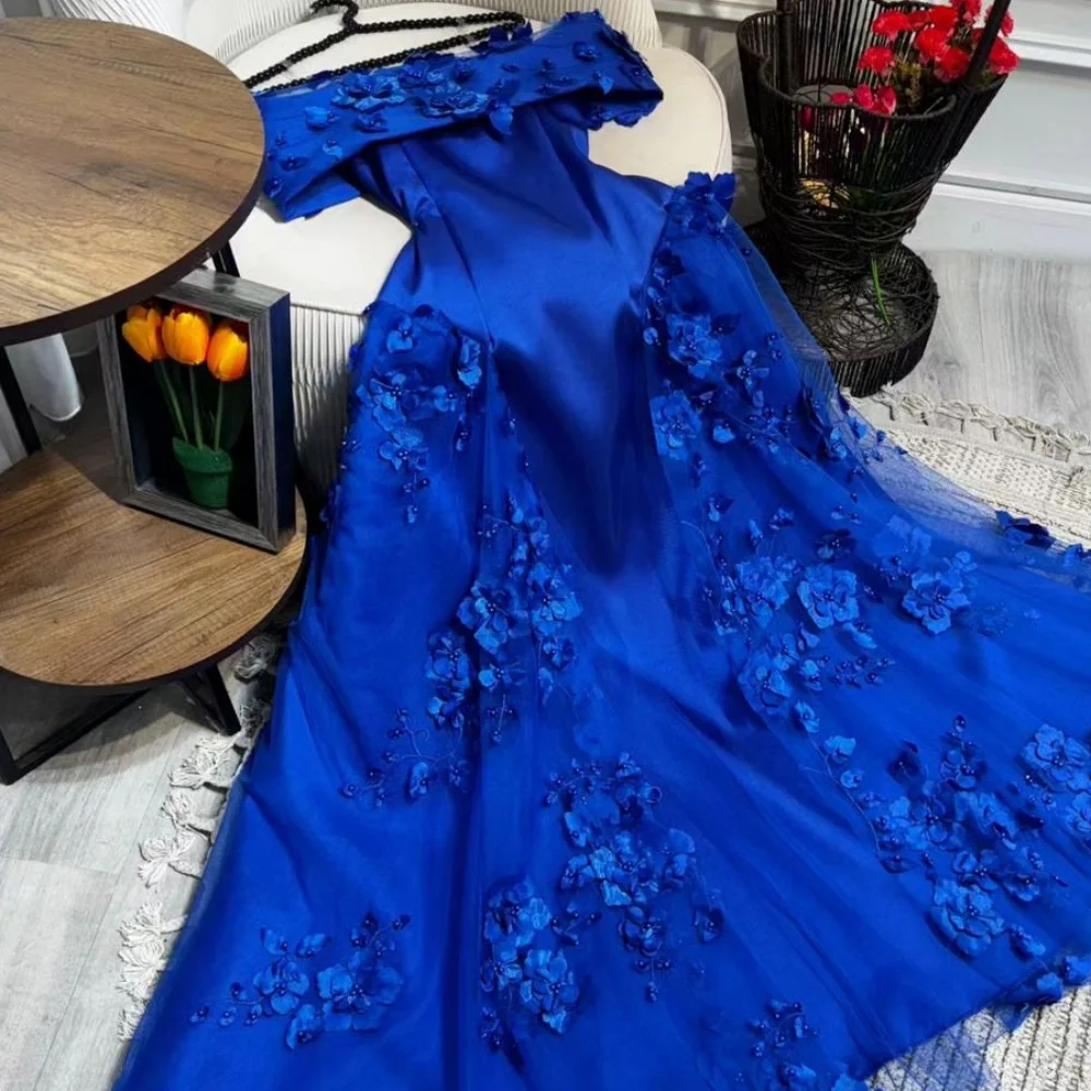 Cathy personalizar azul 3D flores fuera del hombro vestidos de fiesta satén A-line vestidos de novia hasta el suelo vestidos de noche 2024