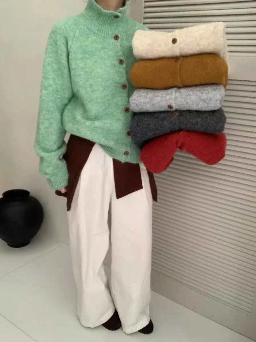 

Корейский вязаный свитер с высоким воротником, свободный крой, женский, зимний, новый, модный, облегающий, теплый кардиган, повседневный, свободный крой, длинный рукав