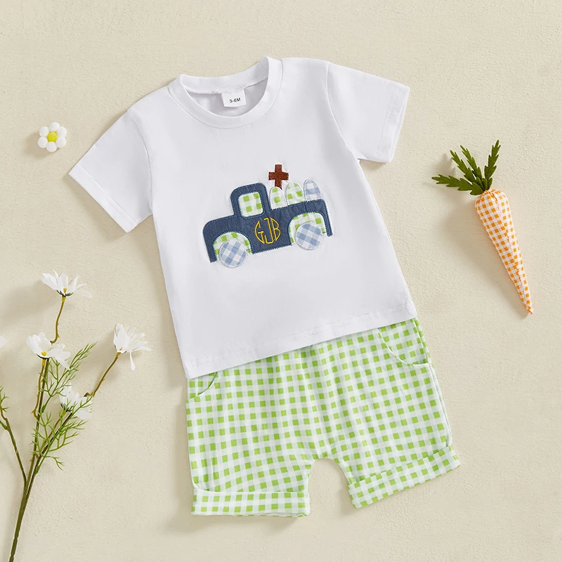 Ropa para bebés pequeños, trajes de Pascua para niños, camiseta de manga corta con cuello redondo bordado y pantalones cortos, conjunto de 2 piezas perfecto para el verano