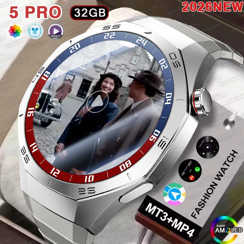 

Новые смарт-часы 2026 DT5 Pro с GPS-навигацией, 32 ГБ, для мужчин, воспроизведение видео и музыки, спортивные, водонепроницаемые, HD-звонки, NFC, оригинальный смарт-браслет