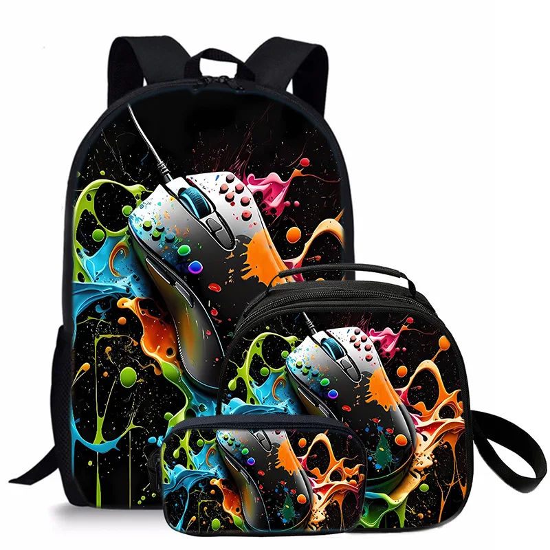 Trendy earphones keyboard mouse 3D Print 3pcs/Set Student School Bags Laptop Daypack Backpack Crossbody Lunch bag Pencil Case