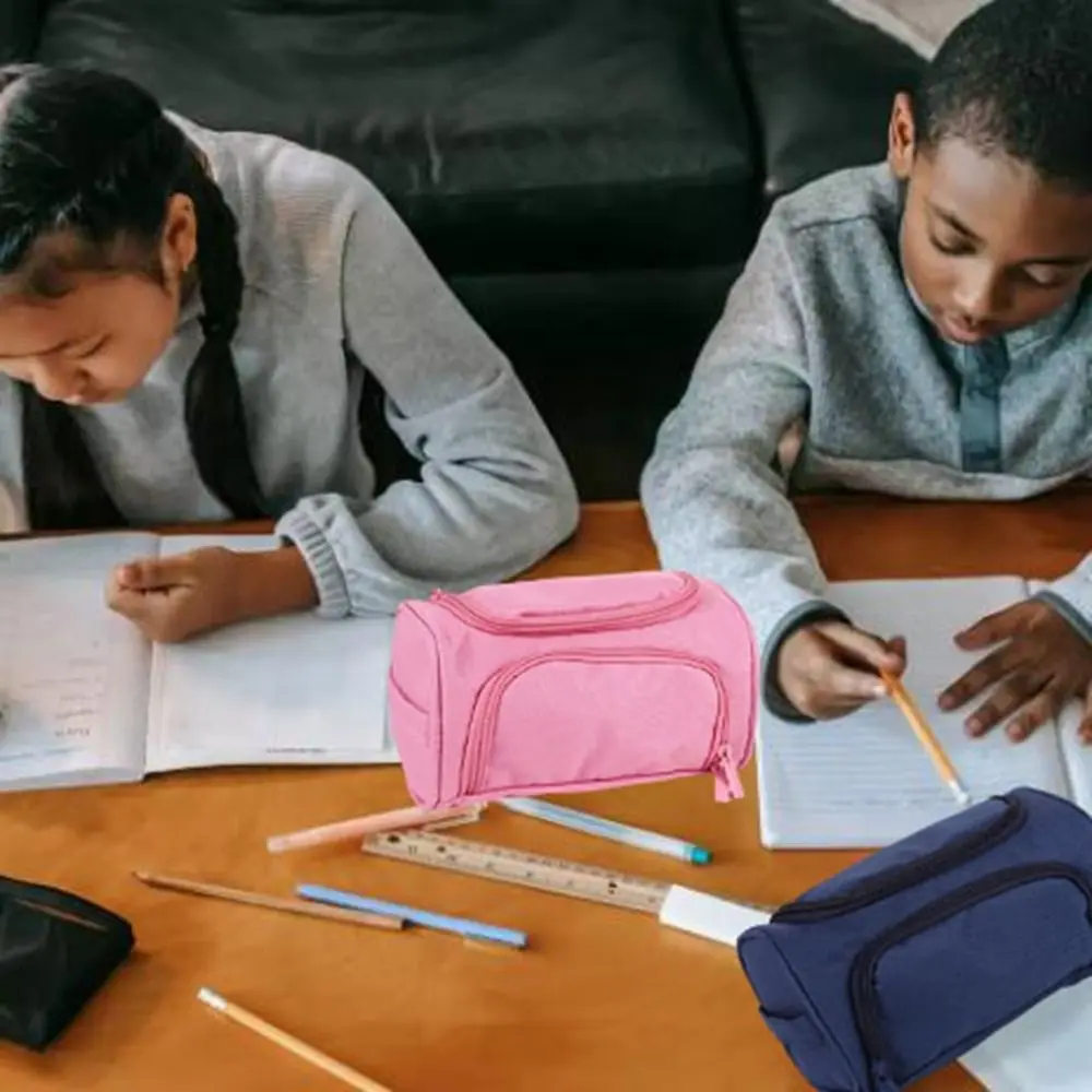 Simple Oxford Cloth Double-Layer Pencil Case Large Capacity with Zipper Pencil Bag Wear-resistant Stationery Organizer Office