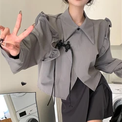 MEXZT Y2K Irregular Crop Blouses Women Harajuku Ruffles Asymmetrical Shirts Korean Preppy Streetwear Long Sleeve Lace Up Tops