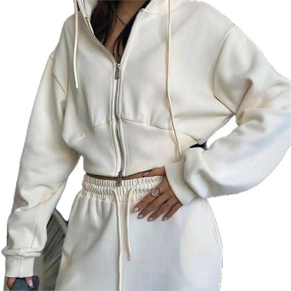 Casual Women's Suit Long-sleeved Zipper Hooded Sweatshirt Solid Color Lace-up Pants Two-piece Set Simple Style Commuting Trendy