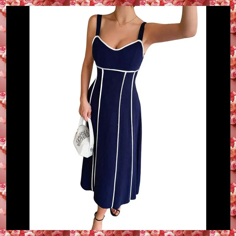Abito lungo da donna a righe con cinturino per spaghetti ritagliato Abito lungo fluido